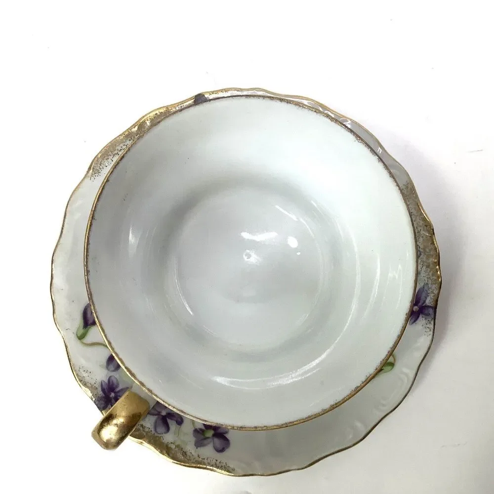 Vintage Cup & Saucer Set‎ Porcelain Rose Interior Plain Exterior Unmarked gold